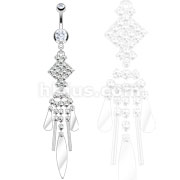 316L Surgical Steel Cluster of Diamond CZs with Geometric Dangle Navel Ring