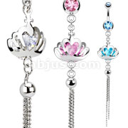 316L Surgical Steel Hollow Heart Crown Plate Over Large CZ with Orb Dangle Navel Ring