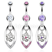 316L Surgical Steel Flower Dangle Inside Multi Gemmed Oval Navel Ring