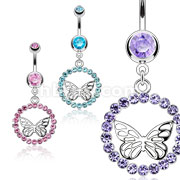 316L Surgical Steel Butterfly Inside Multi CZ Orb Dangle Navel Ring