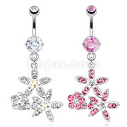 316L Surgical Steel Three Gemmed Flowers Dangle Navel Ring