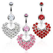 316L Surgical Steel Heart Purse with Multi CZ Dangle Navel Ring 