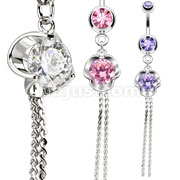 316L Surgical Steel Rose w/Large CZ Center Dangle Navel Ring
