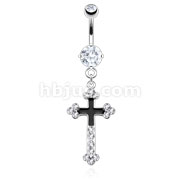 316L Surgical Steel Black Epoxy Cross with Multi CZ Dangle Navel Ring