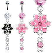 316L Surgical Steel Layered Epoxy Flower with CZ Dangle Navel Ring
