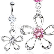 316L Surgical Steel Flower with Hollow Petals and Multi CZ Dangle Navel Ring