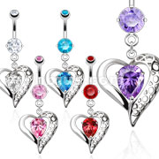 316L Surgical Steel Vintage Heart with Teardrop CZ Dangle Navel Ring