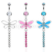 316L Surgical Steel Dragonfly with Enamel Wings and Multi CZ Trail Dangle Navel Ring