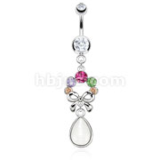 316L Surgical Steel Multi CZ with Ribbon and Large Teardrop Gem Dangle Navel Ring