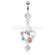 316L Surgical Steel Butterfly with Multi CZ Trail Dangle Navel Ring
