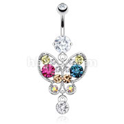 316L Surgical Steel Hollow Butterfly with Multi Gem Dangle Navel Ring