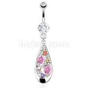 316L Surgical Steel Multi Mixed Gem Inside Hollow Tear Drop Dangle Navel Ring