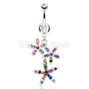 316L Surgical Steel Three Multi Color Gemmed Flowers Dangle Navel Ring