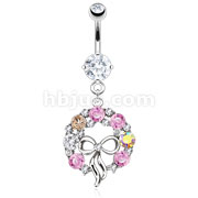 316L Surgical Steel Wreath of Multi CZ with Ribbon Dangle Navel Ring