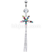 316L Surgical Steel Flower with Multi Colored Gem with Silver Strings Navel Ring