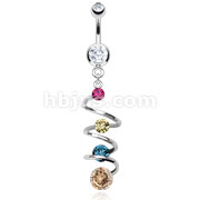 316L Surgical Steel Vertically Gemmed Spiral Dangle Navel Ring