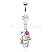 316L Surgical Steel Stars with Multi Paved Gems Dangle Navel Ring