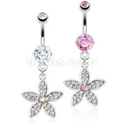 316L Surgical Steel Simple Flower with Multi Paved CZ Petals Navel Ring