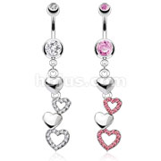 316L Surgical Steel Cascading Hearts with Multi Paved CZ Navel Ring