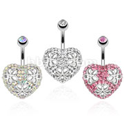 316L Surgical Steel Flower Di-Cut Multi Paved CZ Heart Navel Ring