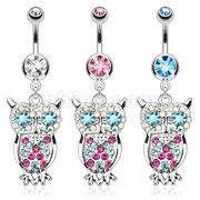 316L Surgical Steel Owl with Multi Colored Gems Dangle Navel Ring