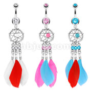 316L Surgical Steel Dream Catcher with CZ Based Feather Dangle Navel Ring