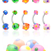 316L Surgical Steel Navel with Multi Colored Polka Dot UV Ball