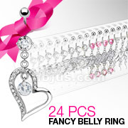 24 Pcs of Assorted Clear CZ Hearts Fancy Belly Rings with Acrylic Display