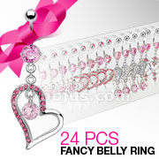 24 Pcs of Assorted Pink CZ Hearts Fancy Belly Rings with Acrylic Display