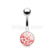 316L Surgical Steel Navel Ring with White Bloom Over Pink Print Clear Epoxy Coated Ball