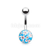 316L Surgical Steel Navel Ring with Pink Bloom Over Blue Print Clear Epoxy Coated Ball