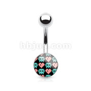 316L Surgical Steel Navel Ring with Pixel Skull and Hearts Print Clear Epoxy Coated Ball