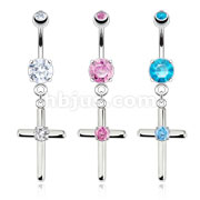 316L Surgical Steel Navel Ring with Large CZ Focal Point Cross Dangle