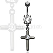 Black IP Surgical Steel Navel Ring with Large CZ Focal Point Cross Dangle