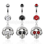 316L Surgical Steel Headset Skull with CZ Eyes Dangle Navel Ring
