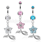 316L Surgical Steel Petite Flower with Prong Set CZ Petals Navel Ring