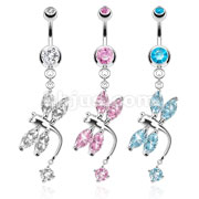 316L Surgical Steel Dragonfly with Prong Set CZ Wings Dangle Navel Ring