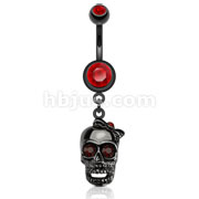 Black IP Surgical Steel Skull with Bow and CZ for Eyes Dangle Navel Ring 