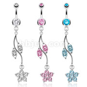 316L Surgical Steel Flower Vine with Prong Set CZ Dangle Navel Ring
