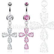 316L Surgical Steel Cross with Prong Set Teardrop Shaped CZ Dangle Navel Ring