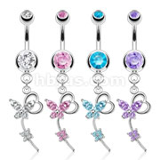316L Surgical Steel Flower Heart with Multi CZ Butterfly Navel Ring