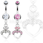 316L Surgical Steel Heart Ring with Prong Set Diamond Cut CZ Dangle Navel Ring