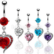 Navel Ring w/ CZ/CZ Heart Dangle