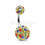 316L Surgical Steel Navel Ring with Rainbow Ferido Crystal Ball Over White Base