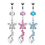 316L Surgical Steel CZ Flower with Curly CZ Vine Dangle Navel Ring