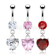 316L Surgical Steel Prong CZ Navel Ring with Large Heart CZ Dangle