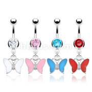 316L Surgical Steel Double Jeweled Navel Ring with Enamel  and Gem set Center Butterfly Dangle