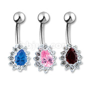 316L Surgical Stainless Steel Navel Ring with Pear CZ Center and Clear CZ Around.