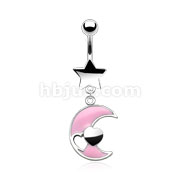 316L Surgical Steel Star Navel w/Pink Epoxy Moon and Heart Dangle