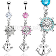 316L Surgical Steel Navel with Gem Paved Ship's Wheel and Anchor Dangle